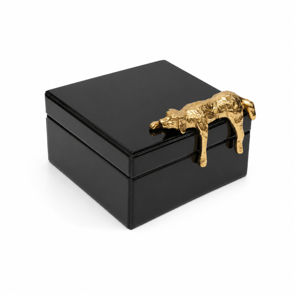 BLACK GLASS BOX WITH GOLD SITTING DOG