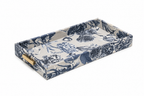 BLUE PRINT FABRIC TRAY WITH GOLD METAL BAMBOO HANDLES