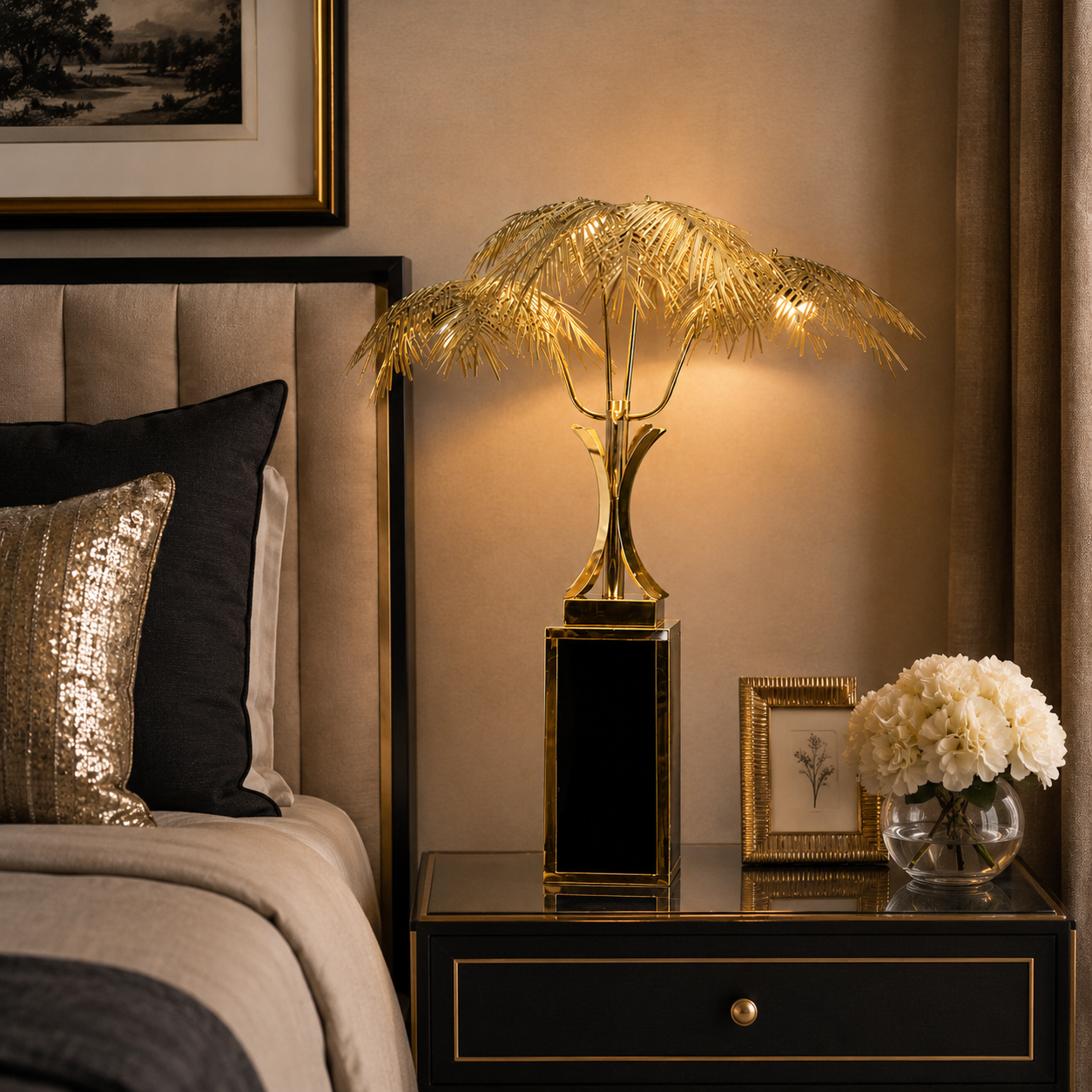 PALM TREE TABLE LAMP W/ SQUARE GLASS BASE