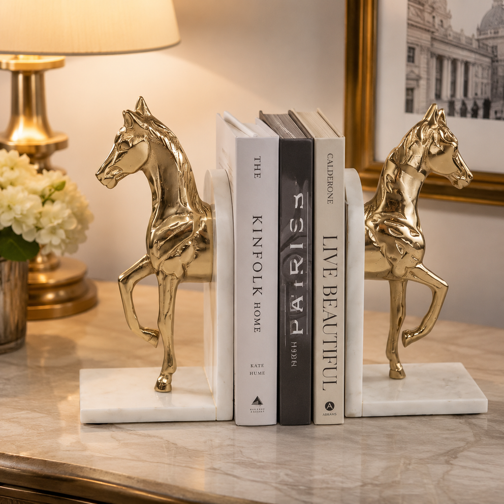 HORSE BOOKEND PAIR W/ MARBLE BASE