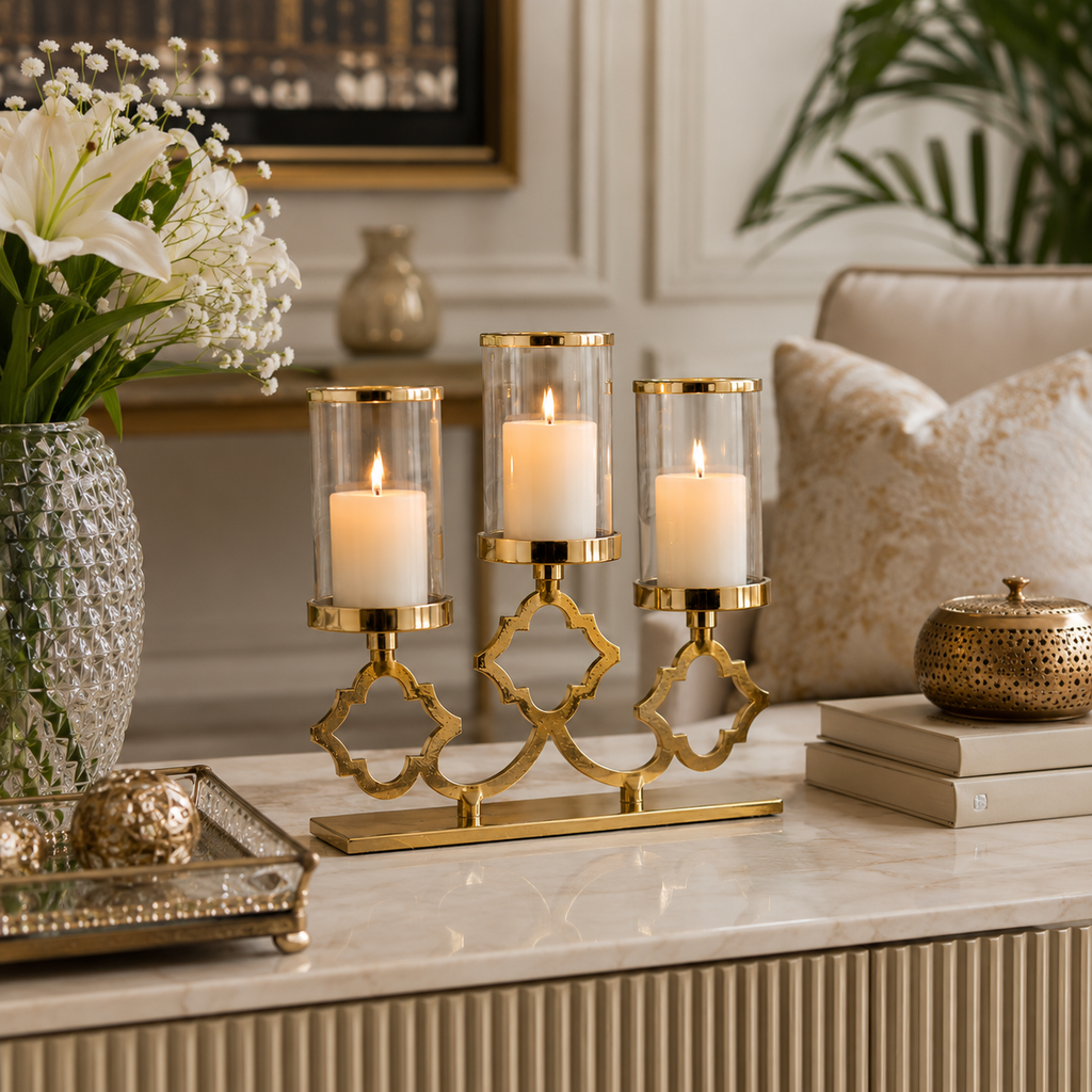 3 CANDLE STAND W/ CLEAR GLASS & RING