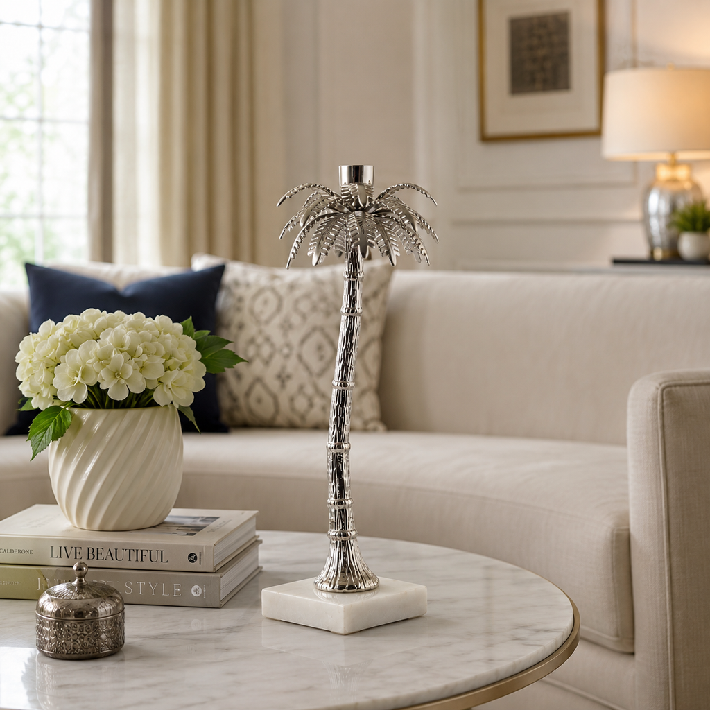 PALM CANDLE HOLDER W/ WHITE MARBLE BASE LARGE