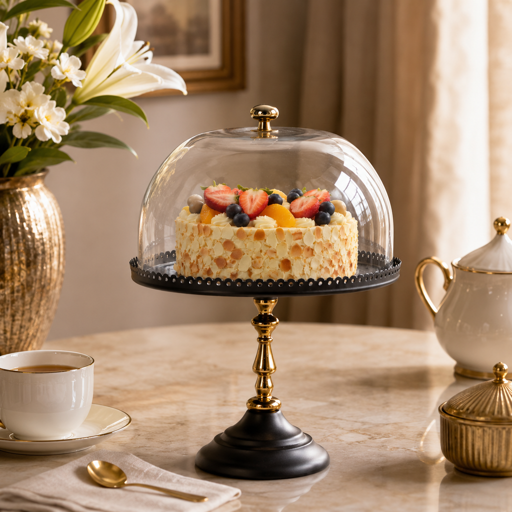CAKE PLATE W/ CLEAR GLASS DOME LARGE
