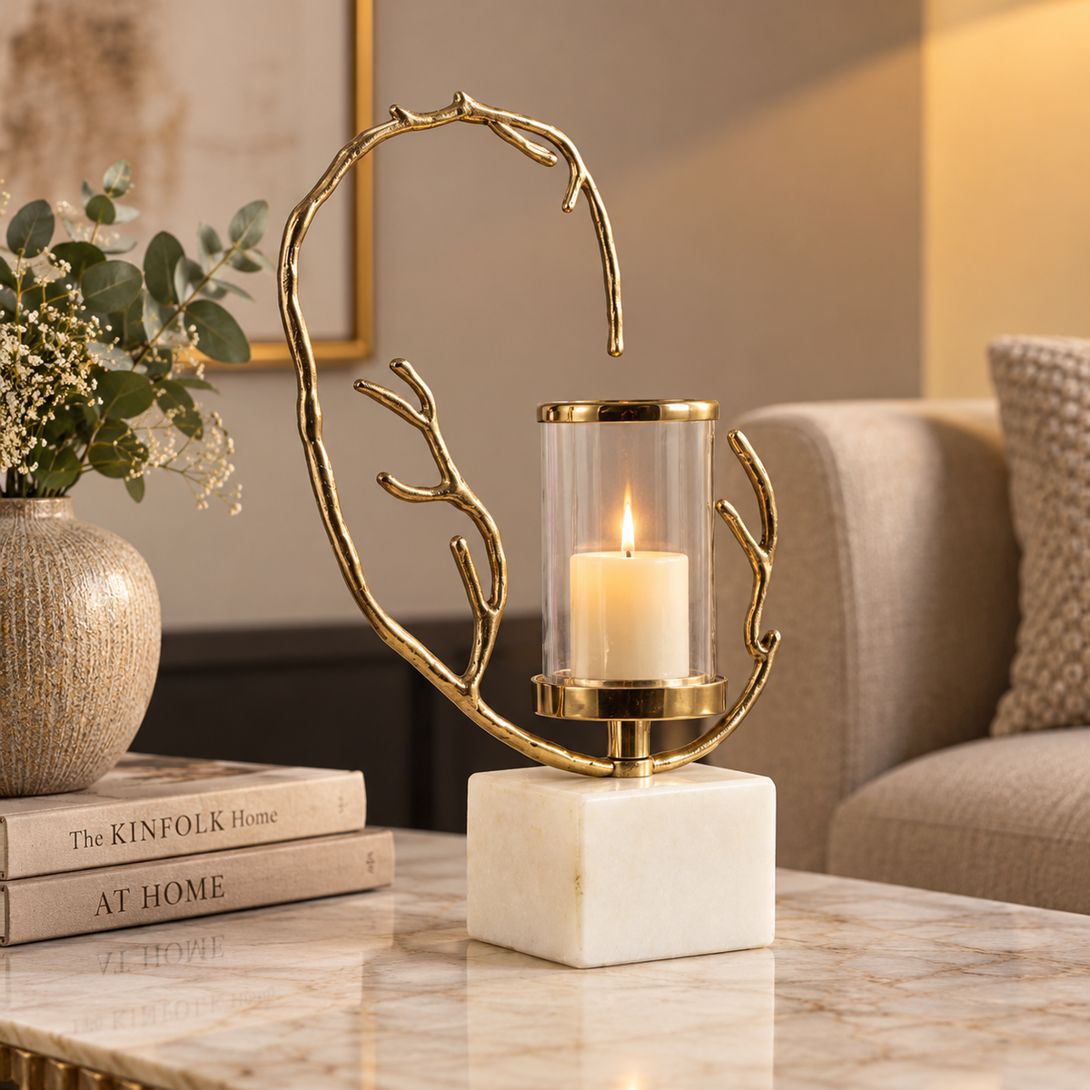 CANDLE HOLDER W/ CLEAR GLASS RING W/ MARBLE BASE