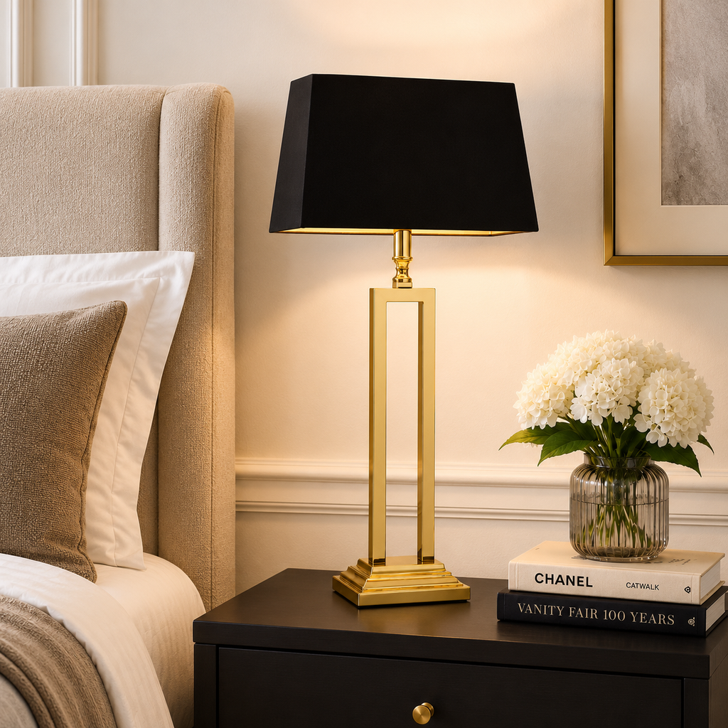 GOLD TABLE LAMP WITH BLACK SHADE