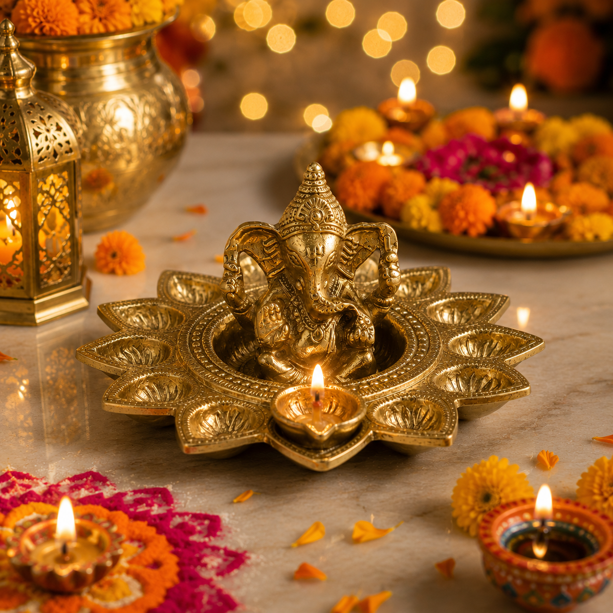 GANESH WITH GOLD POOJA DIYA