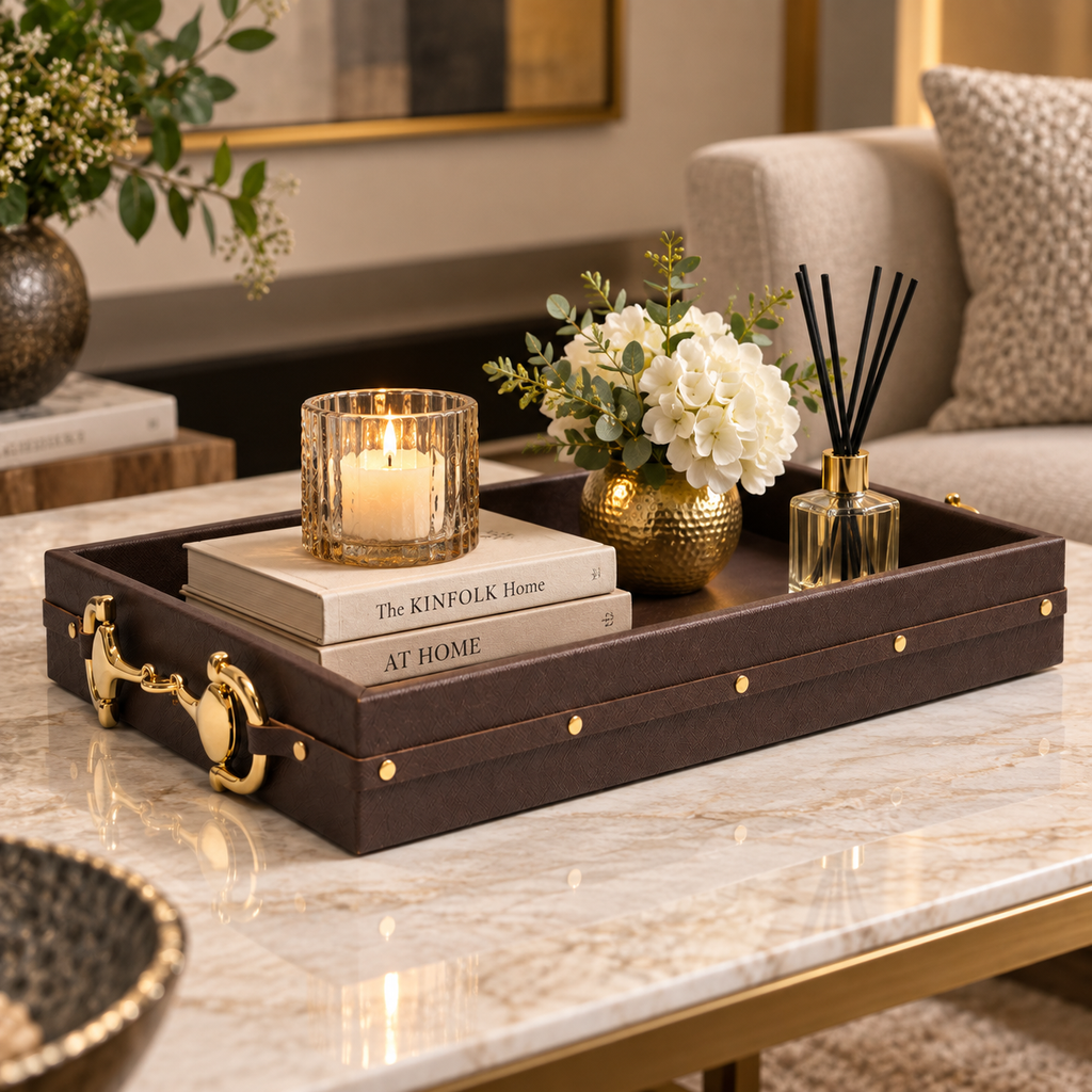 CHOCO BROWN FAUX LEATHER RECT TRAY