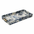 BLUE PRINT FABRIC TRAY WITH GOLD METAL BAMBOO HANDLES