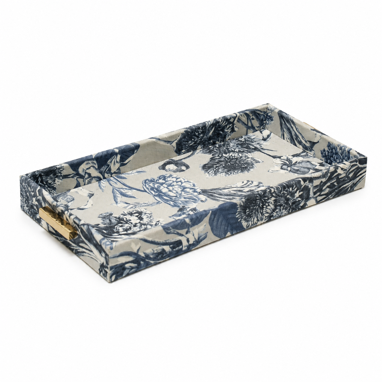 BLUE PRINT FABRIC TRAY WITH GOLD METAL BAMBOO HANDLES