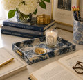 BLUE PRINT FABRIC TRAY WITH GOLD METAL BAMBOO HANDLES