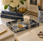 BLUE PRINT FABRIC TRAY WITH GOLD METAL BAMBOO HANDLES