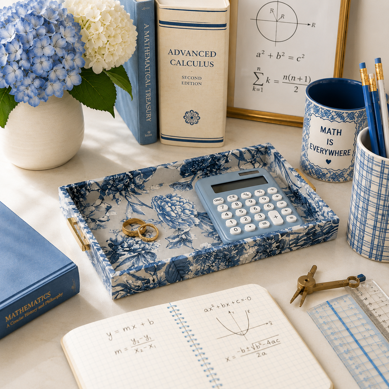 BLUE PRINT FABRIC TRAY WITH GOLD METAL BAMBOO HANDLES