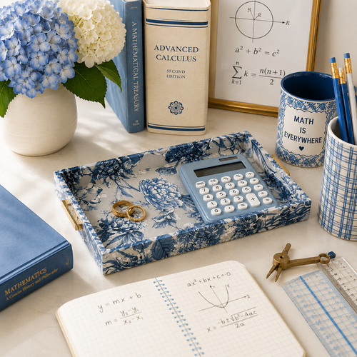 BLUE PRINT FABRIC TRAY WITH GOLD METAL BAMBOO HANDLES