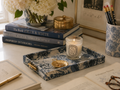 BLUE PRINT FABRIC TRAY WITH GOLD METAL BAMBOO HANDLES