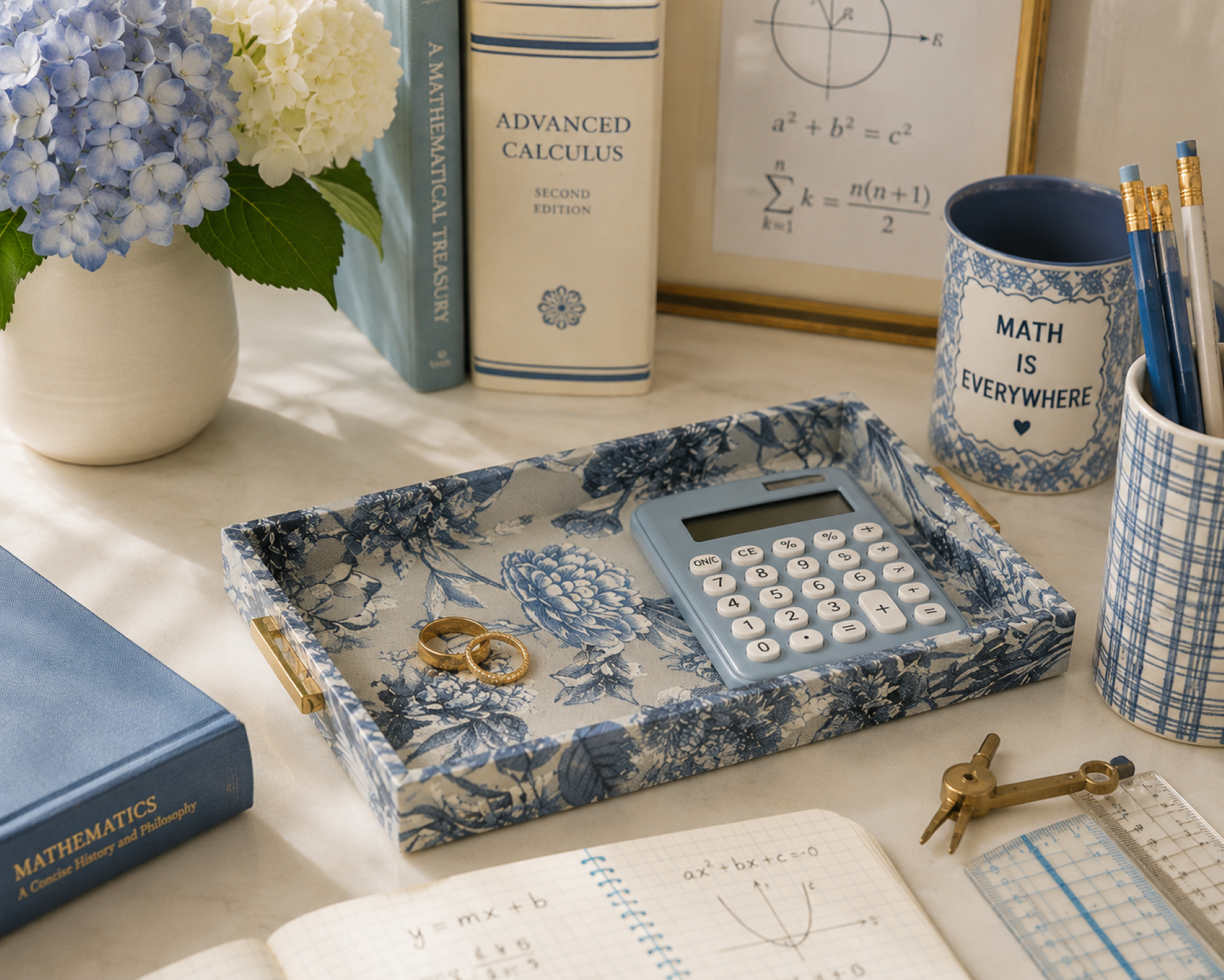 BLUE PRINT FABRIC TRAY WITH GOLD METAL BAMBOO HANDLES