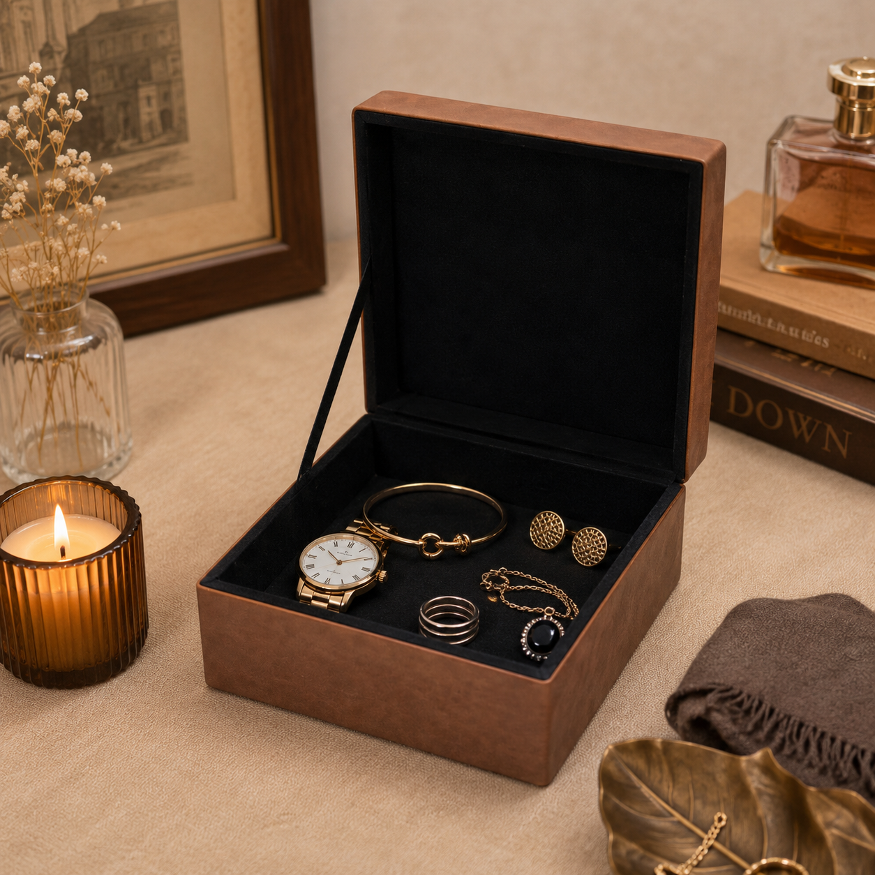 TAN BROWN FAUX LEATHER BOX