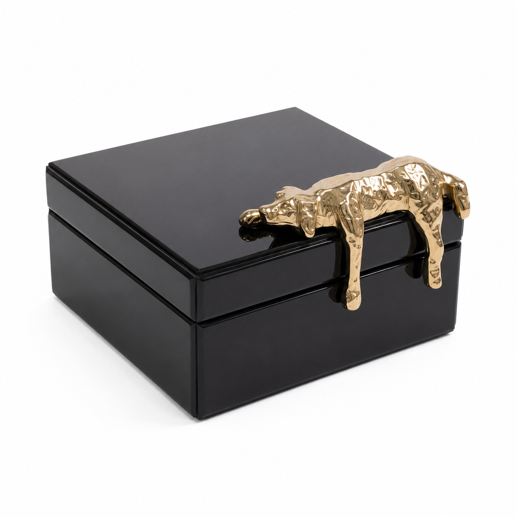 BLACK GLASS BOX WITH GOLD SITTING DOG