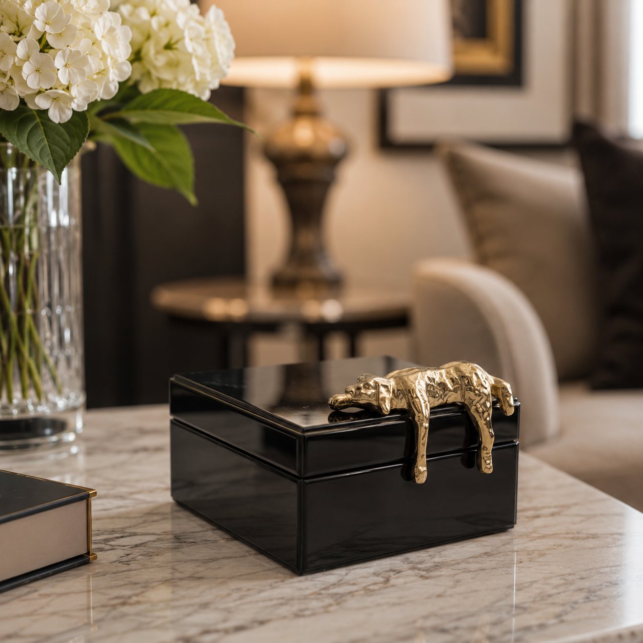 BLACK GLASS BOX WITH GOLD SITTING DOG