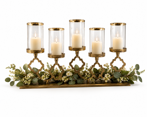5-LIGHT CANDLE STAND W/ CLEAR GLASS & RING