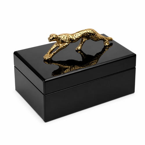 BLACK GLASS BOX WITH GOLD LEOPARD KNOB